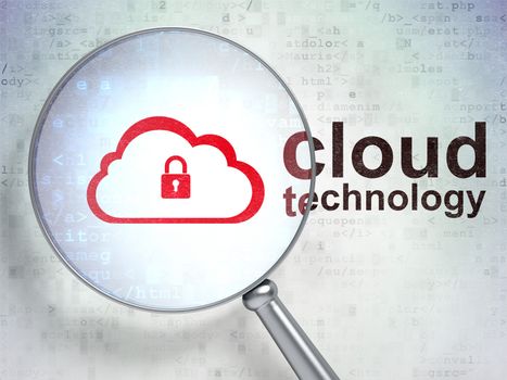 Cloud networking concept: magnifying optical glass with Cloud With Padlock icon and Cloud Technology word on digital background, 3d render