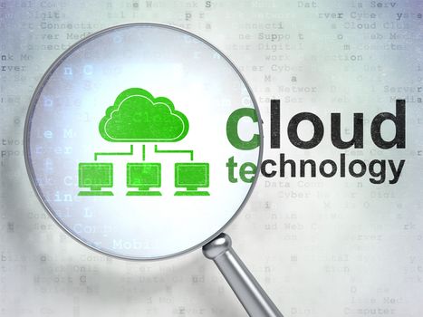 Cloud technology concept: magnifying optical glass with Cloud Network icon and Cloud Technology word on digital background, 3d render