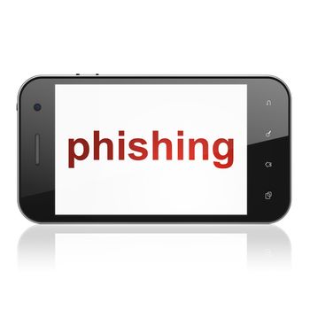 Privacy concept: smartphone with text Phishing on display. Mobile smart phone on White background, cell phone 3d render