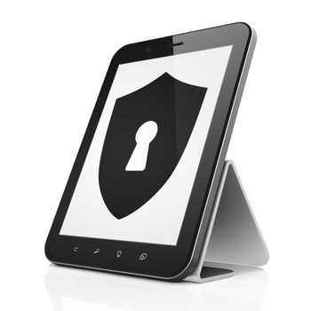 Security concept: black tablet pc computer with Shield With Keyhole icon on display. Portable touch pad on White background, 3d render