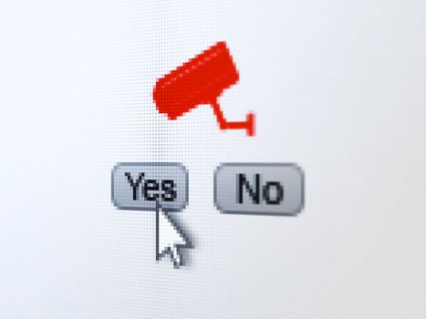 Safety concept: buttons yes and no with pixelated Cctv Camera icon and Arrow cursor on digital computer screen, selected focus 3d render