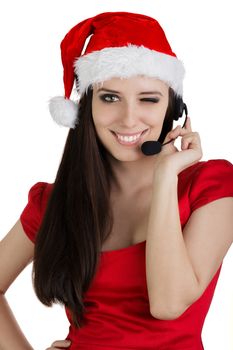 Young woman, customer service operator on white background.