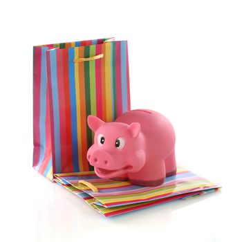 Empty shopping bags with rainbow pattern and saving pig