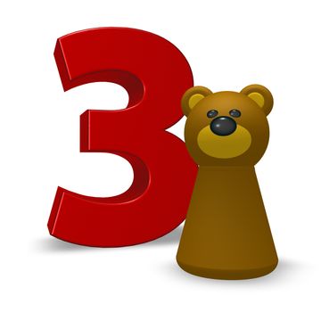 number three and brown bear - 3d illustration