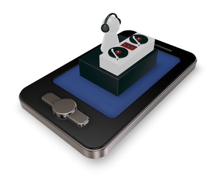 disc jockey and turntables on smartphone display - 3d illustration
