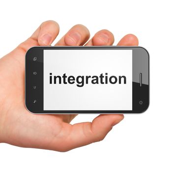 Hand holding smartphone with word integration on display. Generic mobile smart phone in hand on white background.