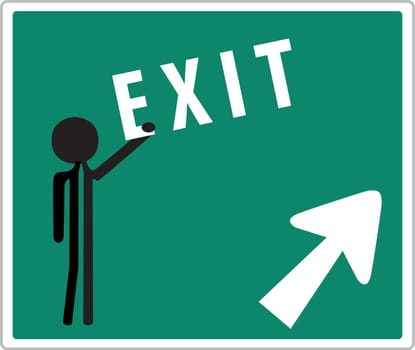 man on green warning exit sign
