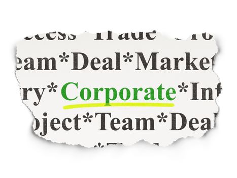 Torn newspaper with words Corporate on  background, 3d render