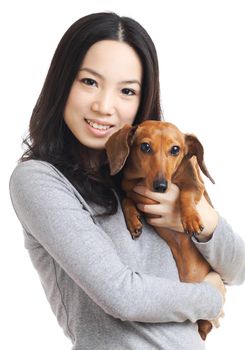 asian woman with dachshund dog