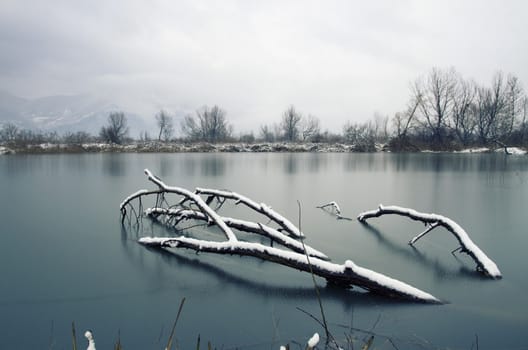 Frozen lake in winter
