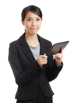 Asian woman holding a tablet