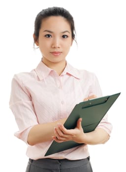 Asian business woman write on file pad