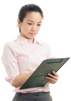 Asian business woman write on file pad