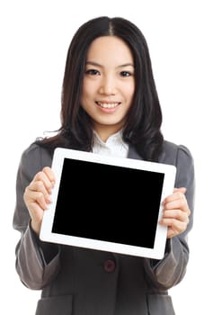 Asian business woman hold tablet , focus on tablet