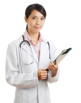 young female doctor with patient file chart