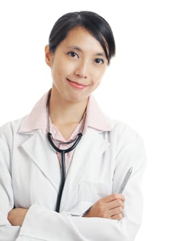 Medical doctor woman isolated on white background