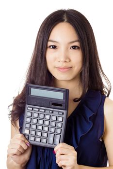 Asian woman holding calculator