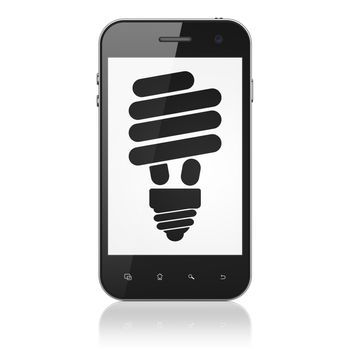 Finance concept: smartphone with Energy Saving Lamp icon on display. Mobile smart phone on White background, cell phone 3d render