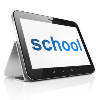 Education concept: black tablet pc computer with text School on display. Modern portable touch pad on White background, 3d render