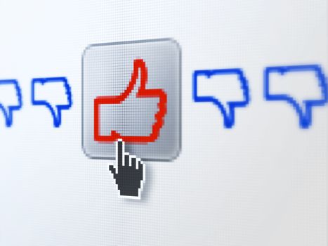 Social media concept: pixelated Like, Unlike icon on button with Hand cursor on digital computer screen, selected focus 3d render