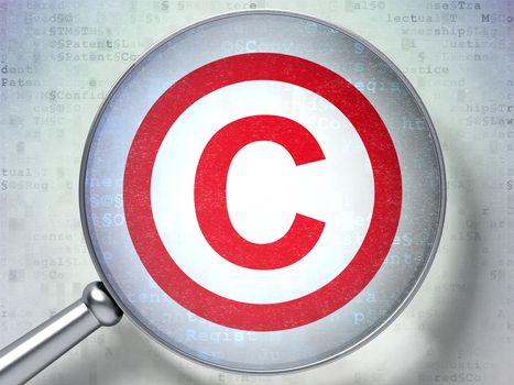 Law concept: magnifying optical glass with Copyright icon on digital background, 3d render