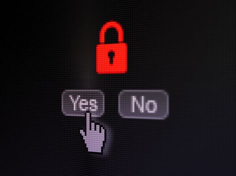 Privacy concept: buttons yes and no with pixelated Closed Padlock icon and Hand cursor on digital computer screen, selected focus 3d render