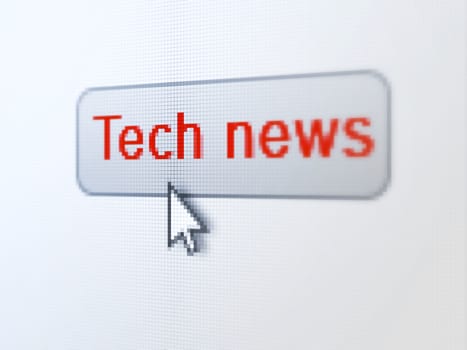 News concept: pixelated words Tech News on button with Arrow cursor on digital computer screen background, selected focus 3d render