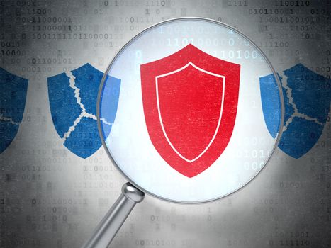 Security concept: magnifying optical glass with Shield icons on digital background, 3d render