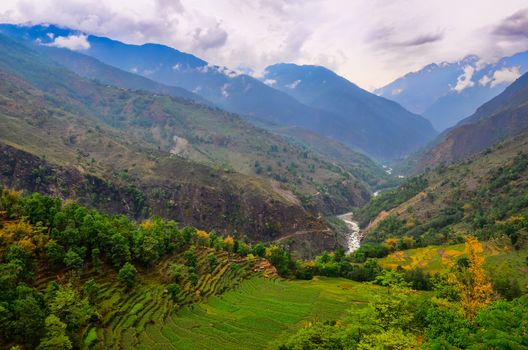 Tropical landscape mountain valley, Annapurna Himmalayan area, Nepal