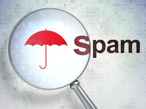 Safety concept: magnifying optical glass with Umbrella icon and Spam word on digital background, 3d render