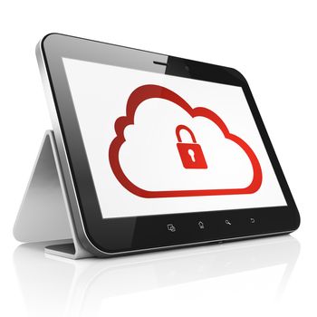 Cloud computing concept: black tablet pc computer with Cloud With Padlock icon on display. Modern portable touch pad on White background, 3d render