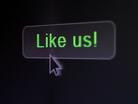 Social media concept: pixelated words Like us! on button with Arrow cursor on digital computer screen background, selected focus 3d render