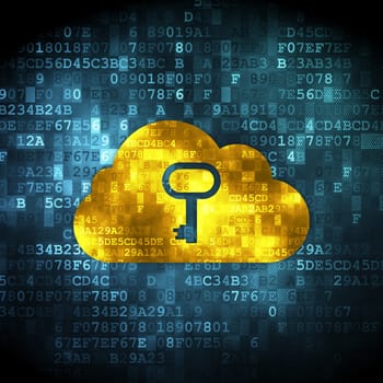 Cloud networking concept: pixelated Cloud With Key icon on digital background, 3d render