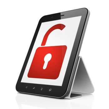 Protection concept: black tablet pc computer with Opened Padlock icon on display. Modern portable touch pad on White background, 3d render