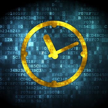 Time concept: pixelated Clock icon on digital background, 3d render