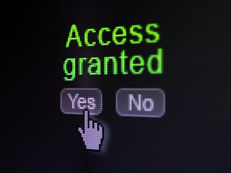 Security concept: buttons yes and no with pixelated word Access Granted and Hand cursor on digital computer screen, selected focus 3d render