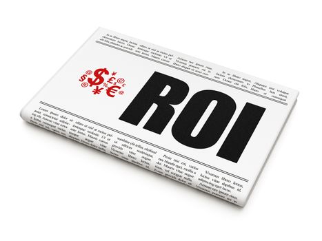 Finance news concept: newspaper headline ROI and Finance Symbol icon on White background, 3d render