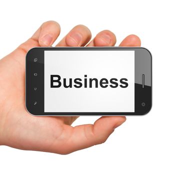 Business concept: hand holding smartphone with word Business on display. Mobile smart phone in hand on White background, 3d render