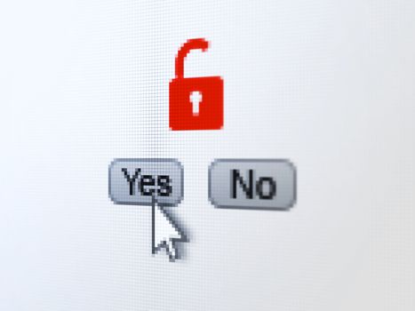 Data concept: buttons yes and no with pixelated Opened Padlock icon and Arrow cursor on digital computer screen, selected focus 3d render