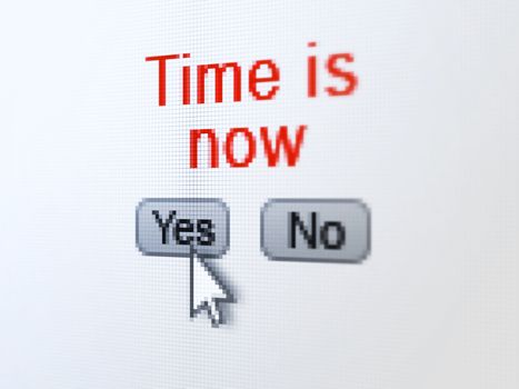 Time concept: buttons yes and no with pixelated word Time is Now and Arrow cursor on digital computer screen, selected focus 3d render