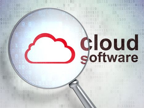 Cloud computing concept: magnifying optical glass with Cloud icon and Cloud Software word on digital background, 3d render