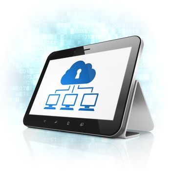 Privacy concept: black tablet pc computer with Cloud Network icon on display. Modern portable touch pad on Blue Digital background, 3d render