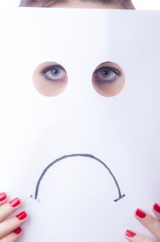 An image of businesswoman holding paper with drown emotions