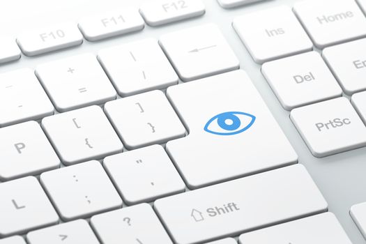 Privacy concept: enter button with Eye on computer keyboard background, 3d render, selected focus