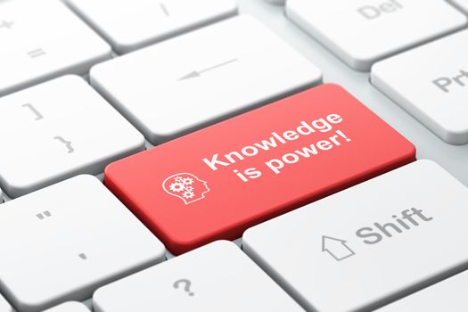 Education concept: computer keyboard with Head With Gears icon and word Knowledge Is power!, selected focus on enter button, 3d render