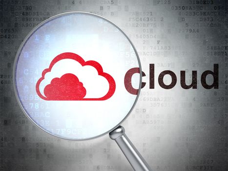 Cloud technology concept: magnifying optical glass with Cloud icon and Cloud word on digital background, 3d render