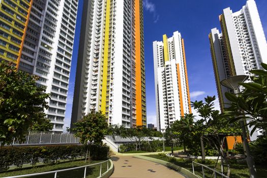 A path leading to a new colorful neighborhood estate from the garden.