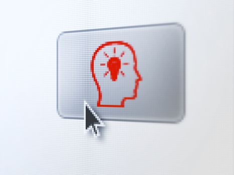 Education concept: pixelated Head With Lightbulb on button with Arrow cursor on digital computer screen, selected focus 3d render