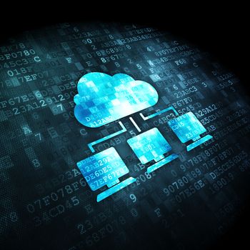 Cloud networking concept: pixelated Cloud Network icon on digital background, 3d render