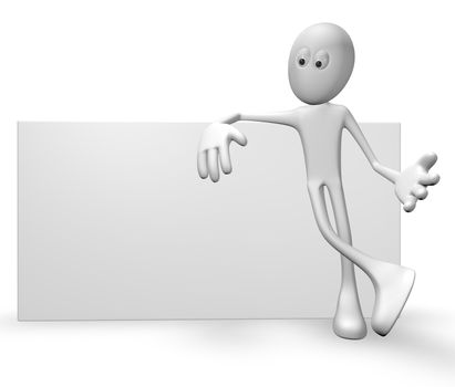 cartoon guy leans on blank white board - 3d illustration